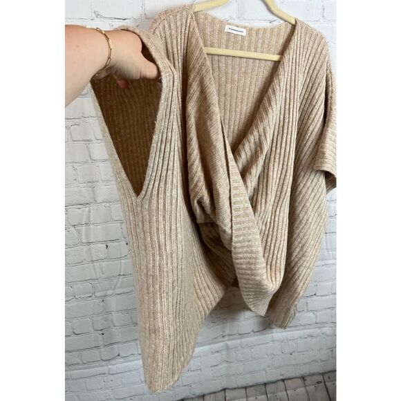 BY ANTHROPOLOGIE beige wool blend rib knit oversized sweater poncho wrap OS - Picture 7 of 9